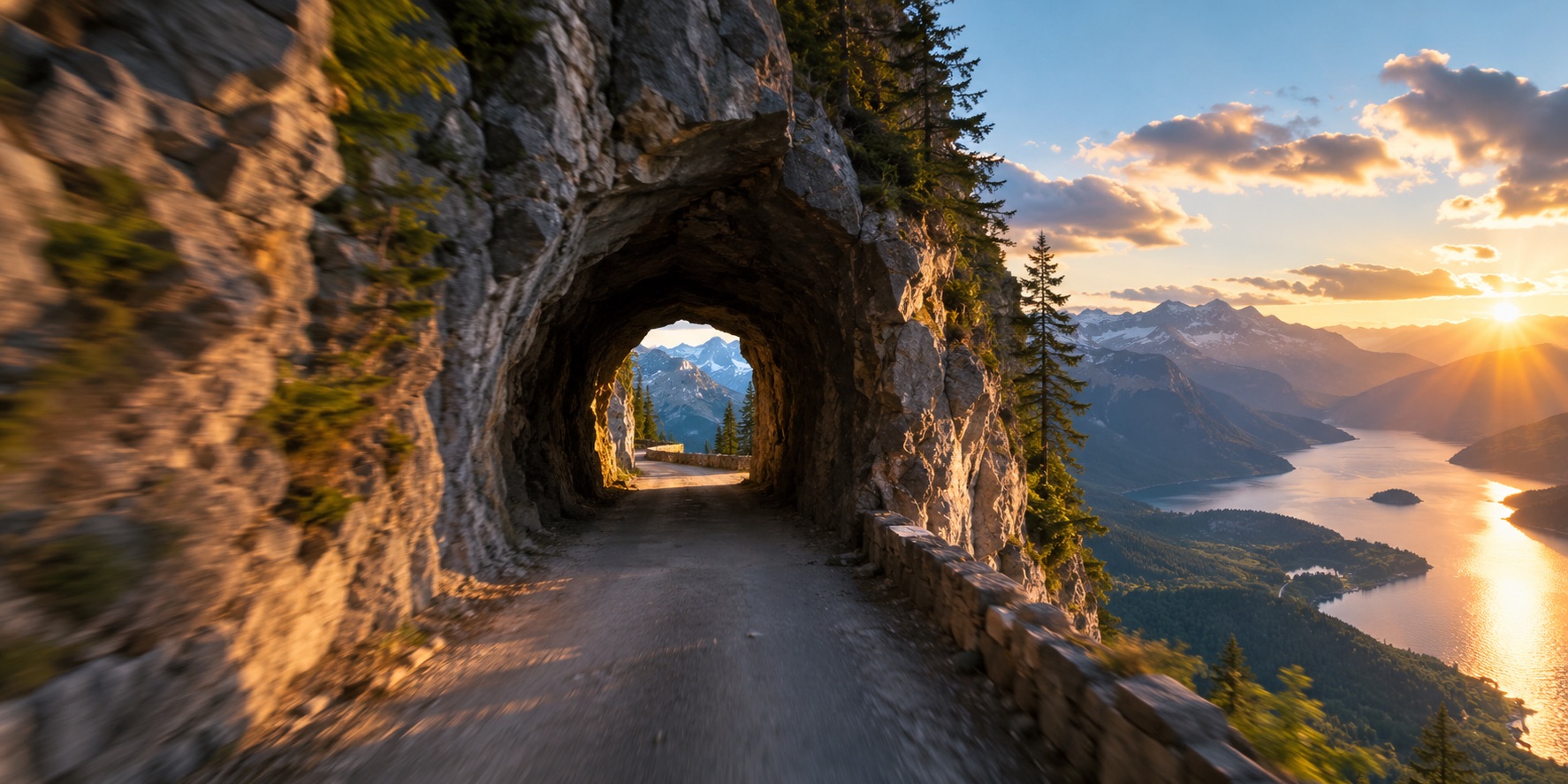 A mountain road tunnel opening onto a sunlit lake and peaks at sunset